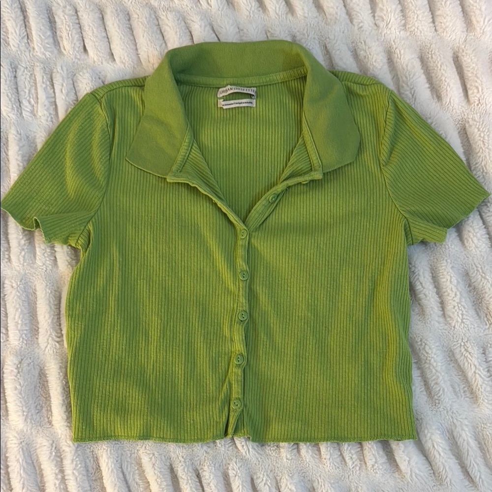 Green Ribbed Button-Up Shirt